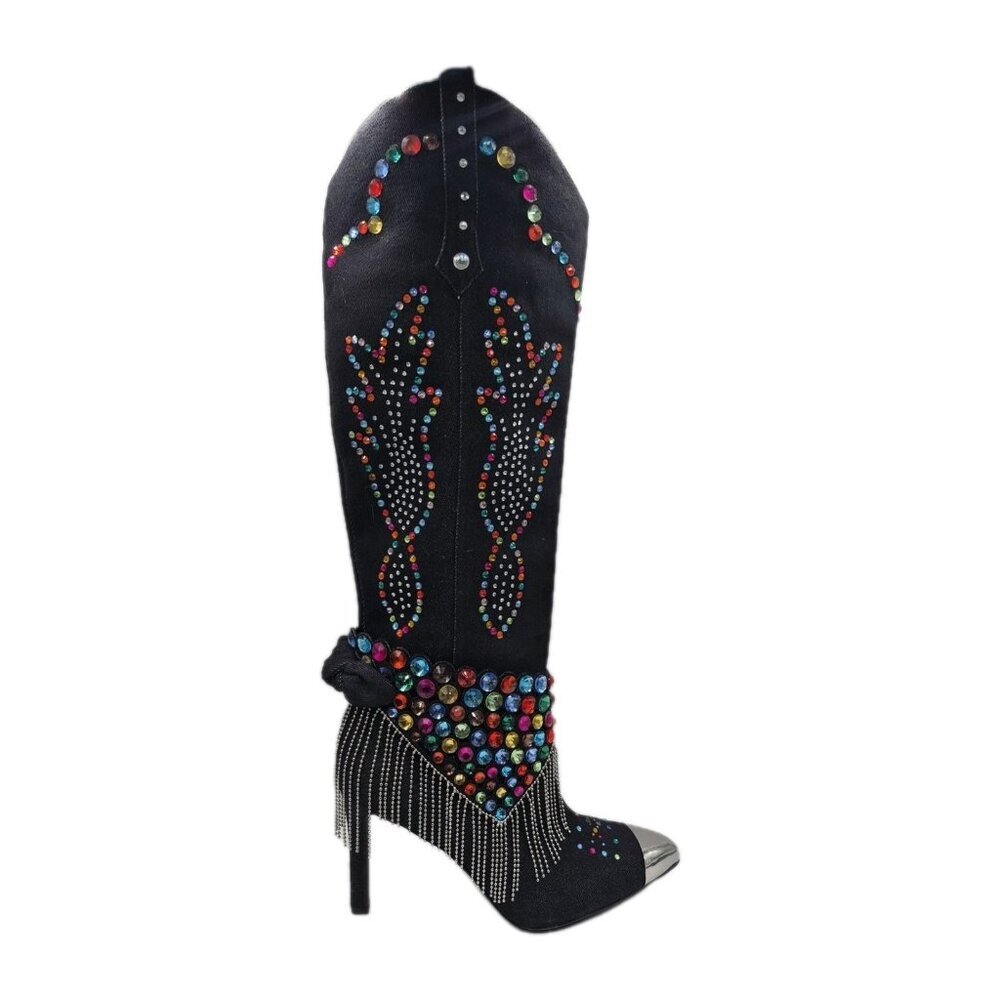 Gianni Bini Women's Boots Size 8.5 Kaitlin Rhinestone Fringe Denim Cowboy Black
